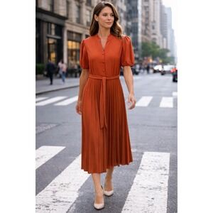 Sharagano Women's Rust Pleated Midi Dress Puff Sleeve Belted Size 6